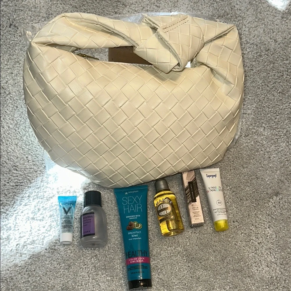 Cream Woven Handbag with Beauty Products